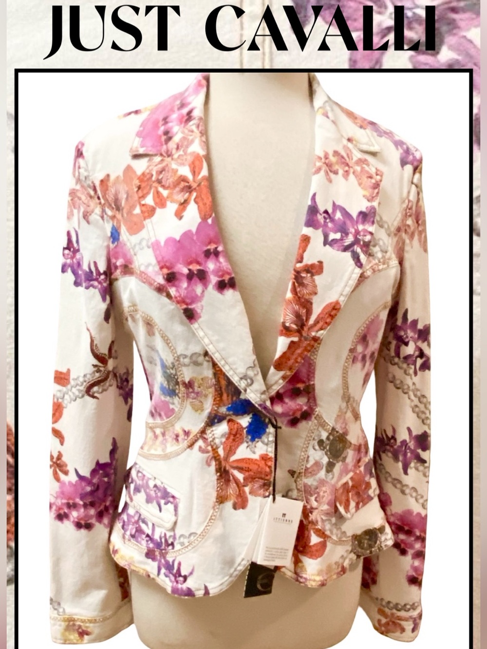 JUST CAVALLI  Floral Cotton Ornate Jacket Orchids Pearls Sz L NWT